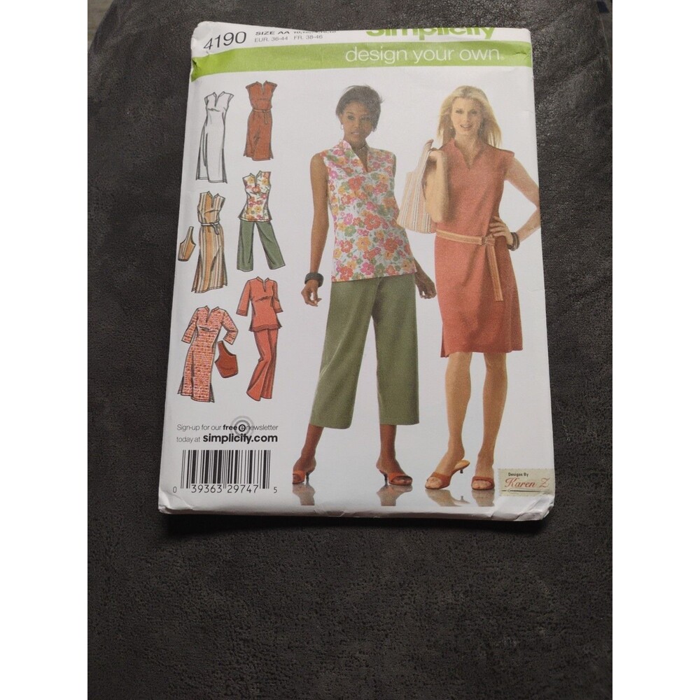 4190 Simplicity Sewing Pattern Dress Tunic Cropped Pant And Bag Size AA